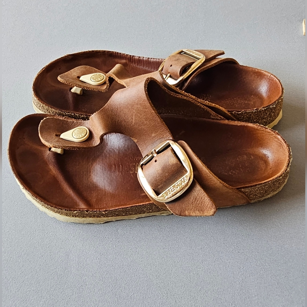 Birkenstock Gizeh Sandals Brown Leather Big Gold Buckle Size 37